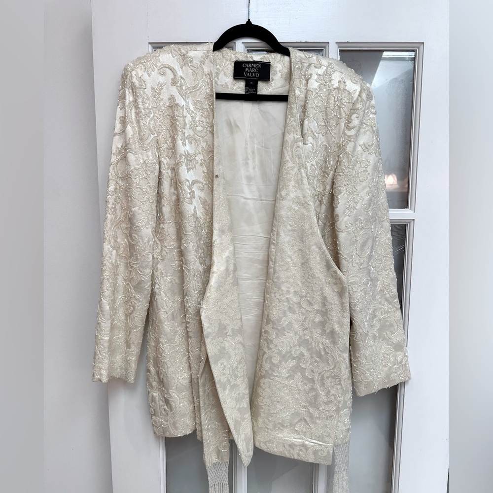 Vintage Carmen Marc Valvo Ivory Cream Lace Sequin Beaded Formal Jacket Size 14 L - Picture 3 of 16